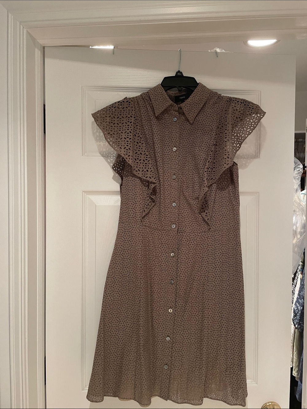 Theory Taupe Eyelet Midi Shirt Dress with Ruffle Cap Sleeves